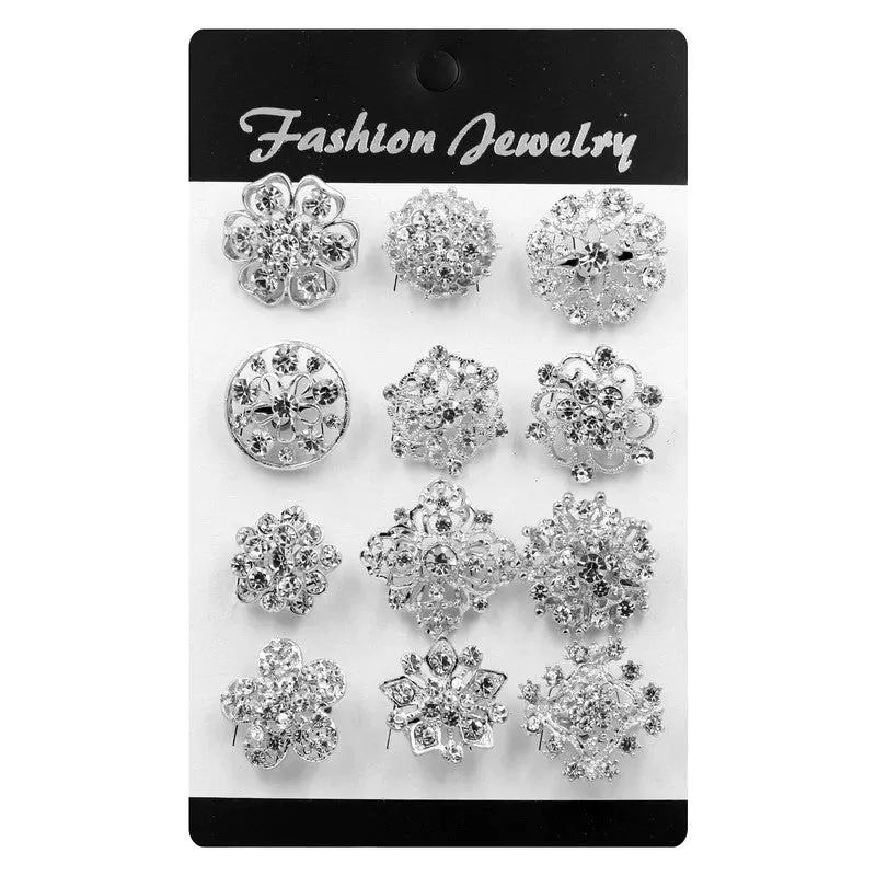 12 Pcs of Rhinestone Gold Flower Brooch BR-015