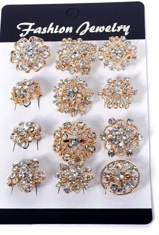 12 Pcs of Rhinestone Gold Flower Brooch BR-015