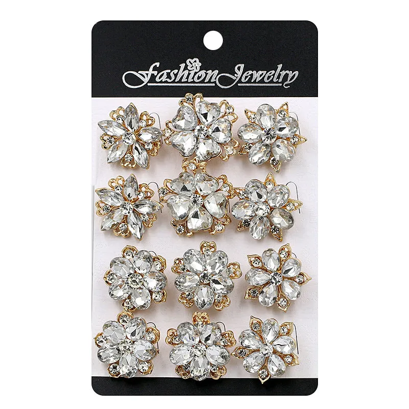 12 Pcs of Silver Rhinestone Flower Brooch BR-034