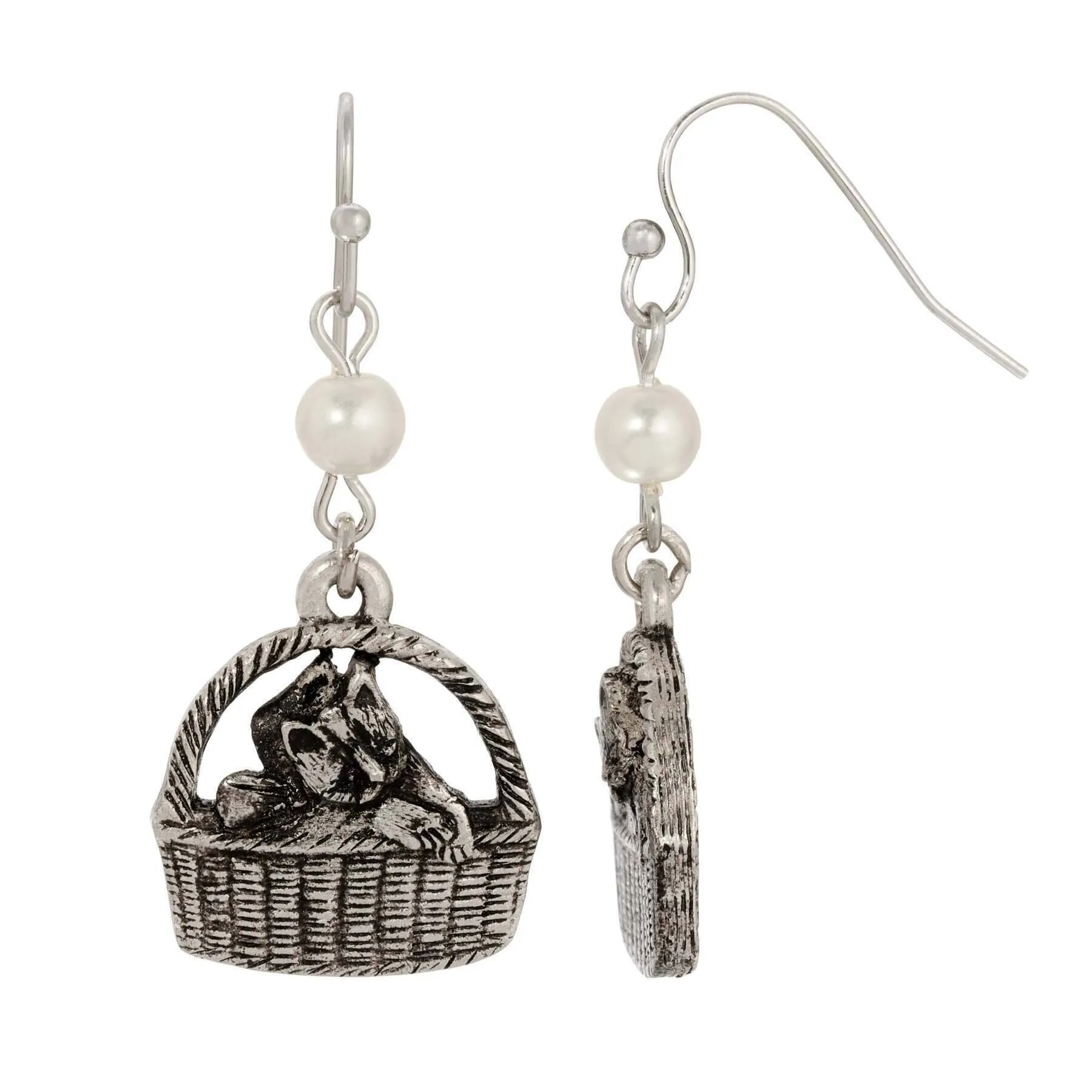 1928 Jewelry Faux Pearl Cat In Handbasket Dangling Earrings