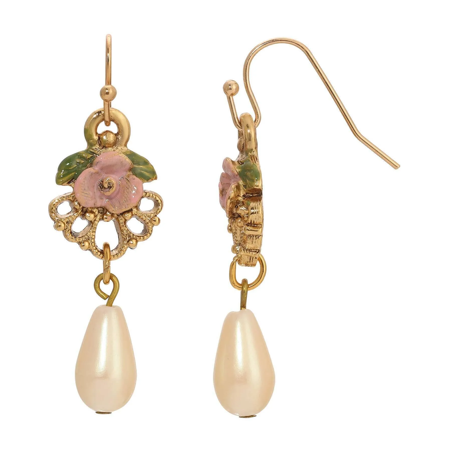 1928 Jewelry Pearly Eden Pink Rose Enamel Teardrop Faux Pearl Dangle Earrings