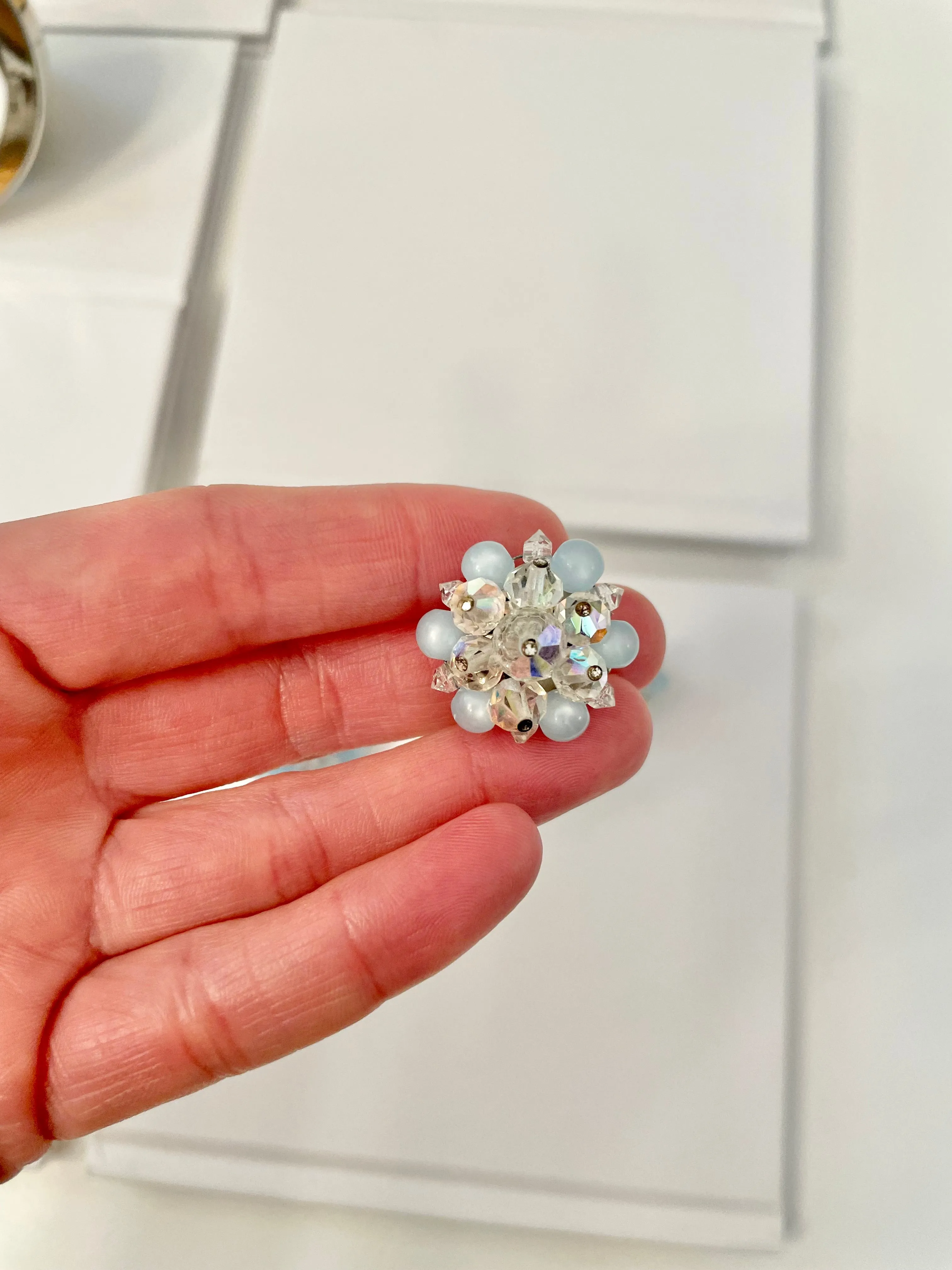 1960's Heiress and her love of the classic brooch, and matching earrings. Oh my! The soft blue with Austrian crystals is truly divine.