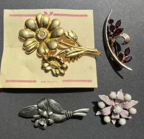 4  Vintage Floral Brooches (Slightly Worn)