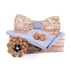 4Pcs Men's Hollow Leaf Design Wooden Bow Tie Set