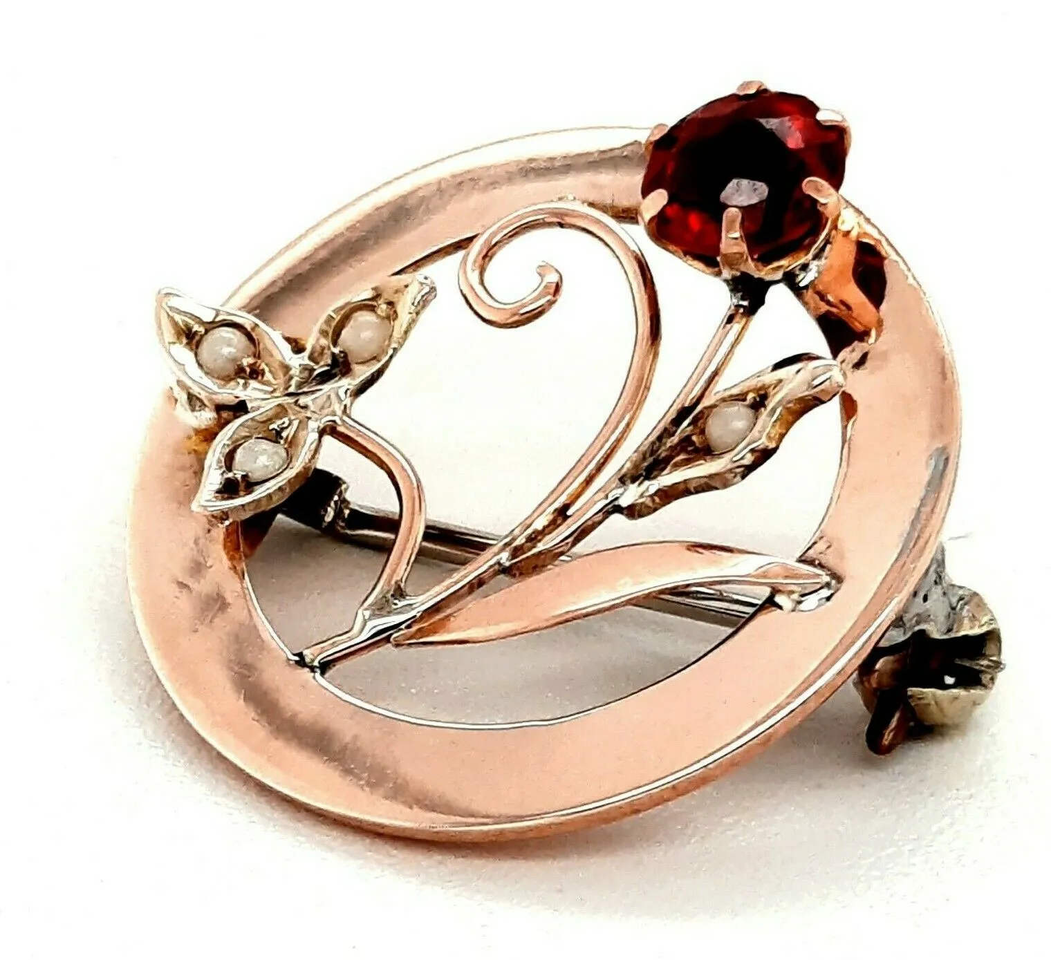 9ct Yellow Gold Garnet & Pearl Flower Spray Brooch