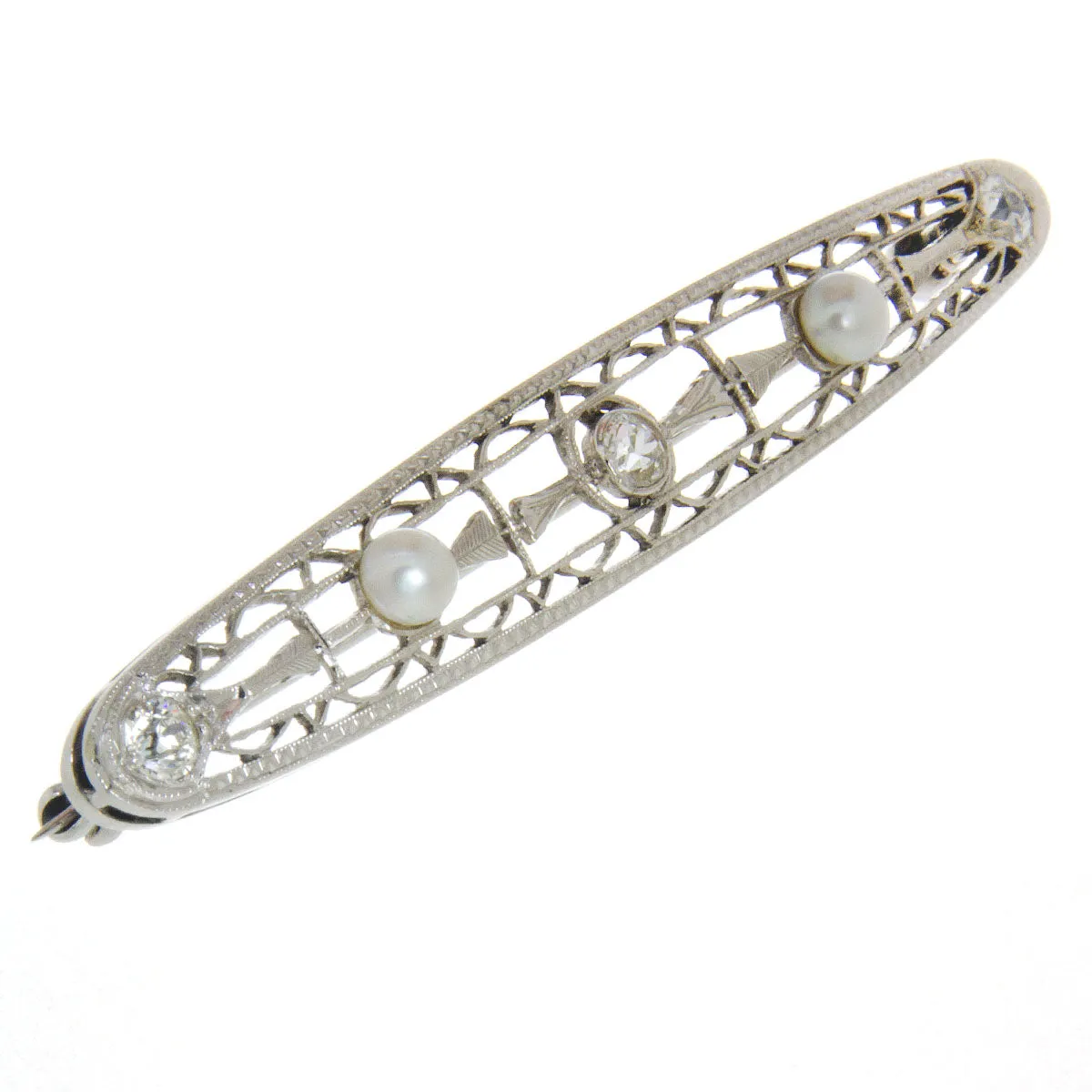 Antique Filigree Pearl & Diamond Bar Pin