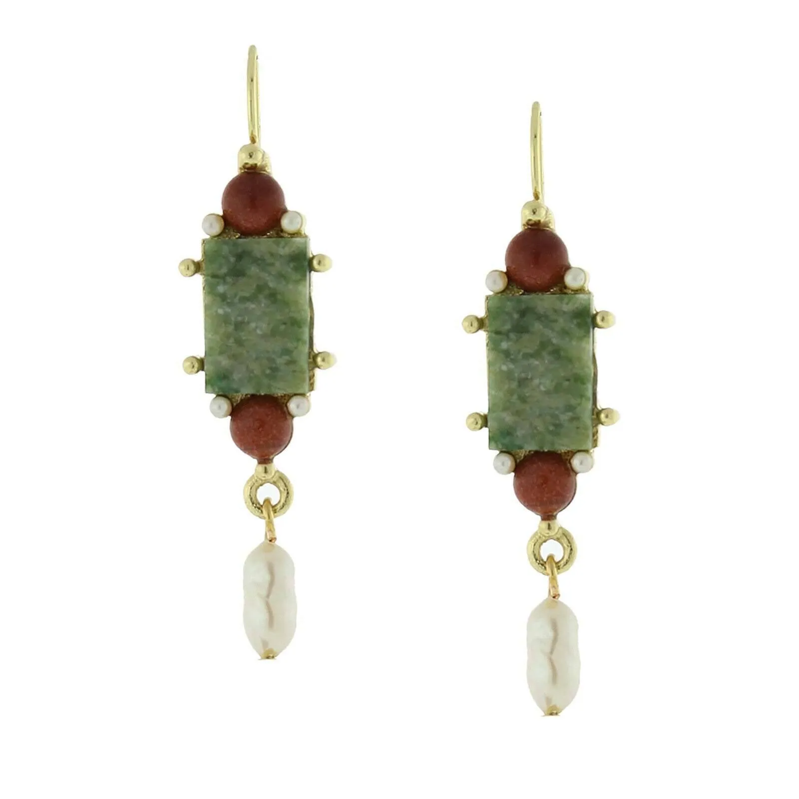 Antiquities Couture Roma Green Aventurine Gemstone Faux Pearl Museum Drop Earrings