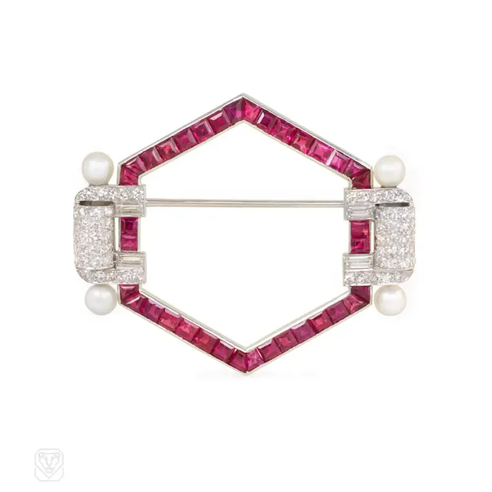 Art Deco calibré  ruby, diamond, and pearl brooch