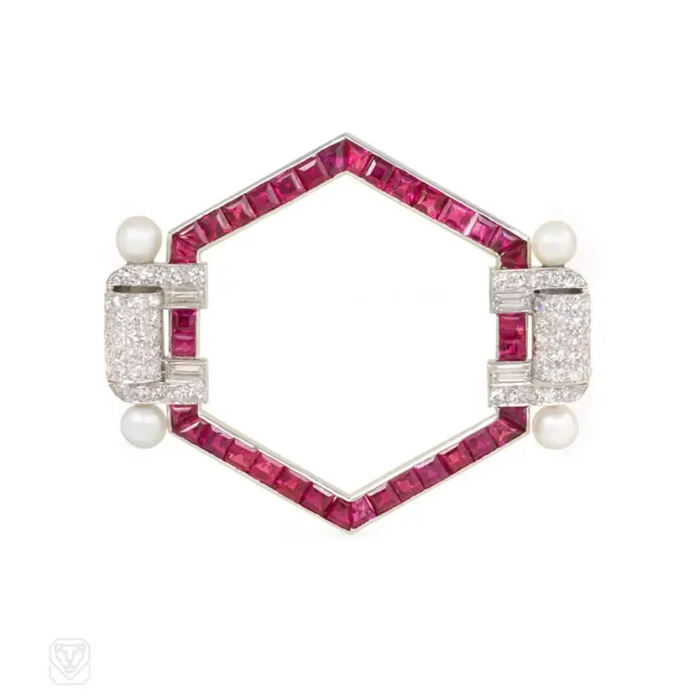 Art Deco calibré  ruby, diamond, and pearl brooch