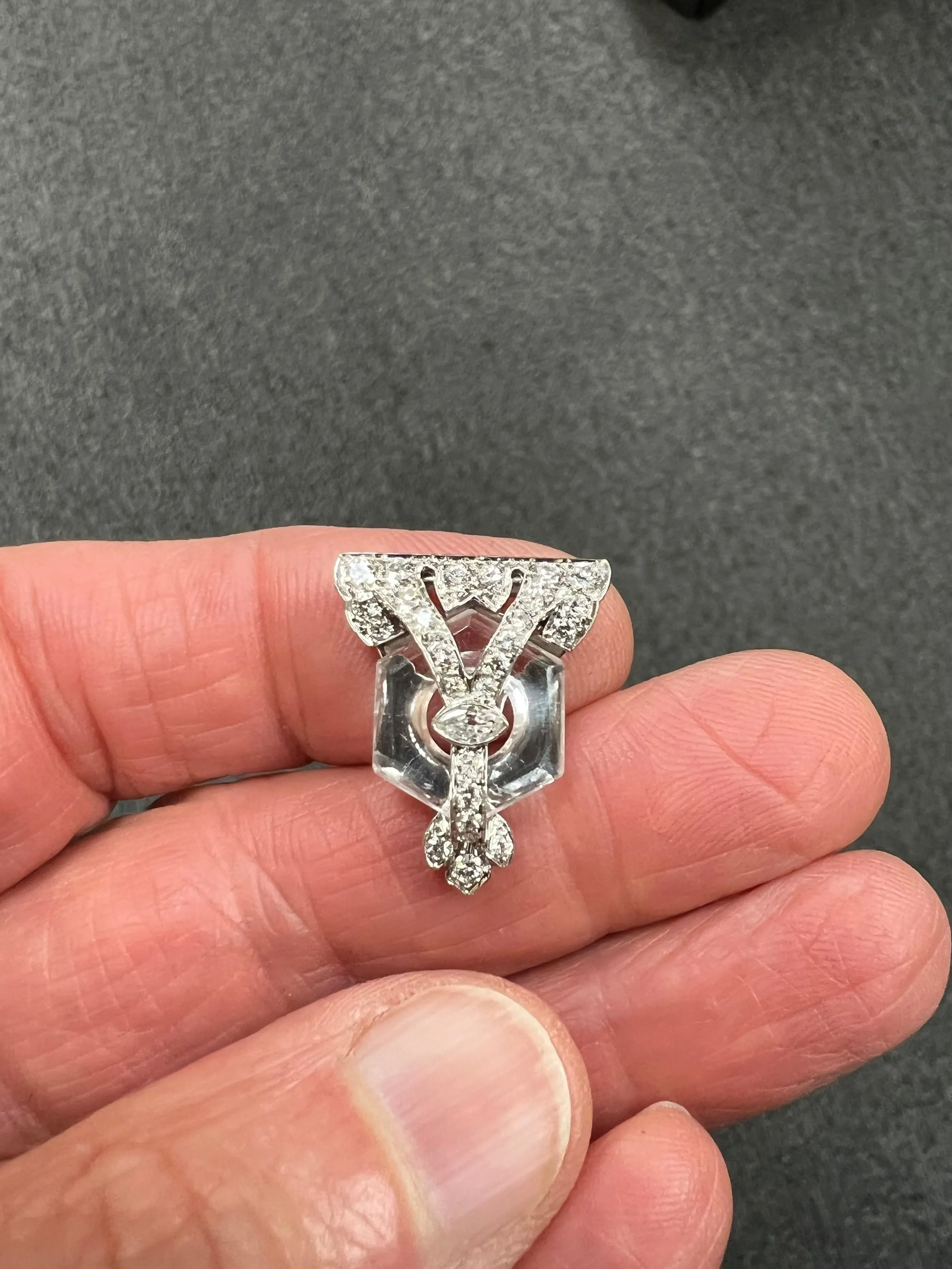 Art Deco Rock Crystal Diamond Platinum Clip Pendant Circa 1925