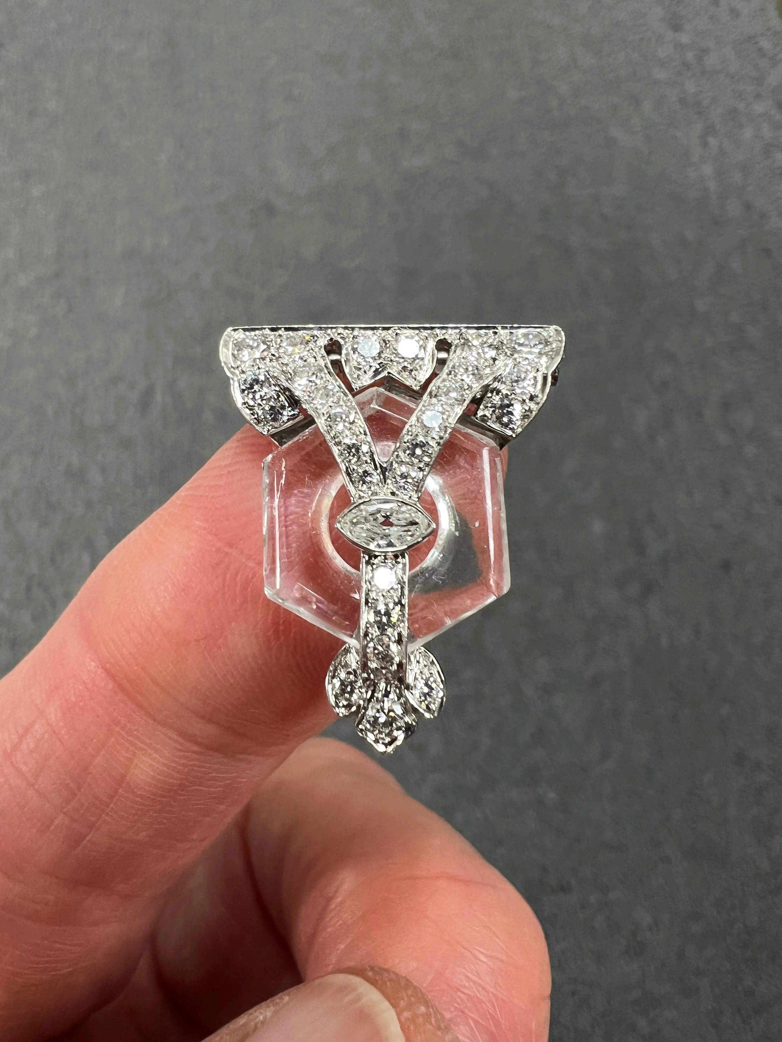 Art Deco Rock Crystal Diamond Platinum Clip Pendant Circa 1925