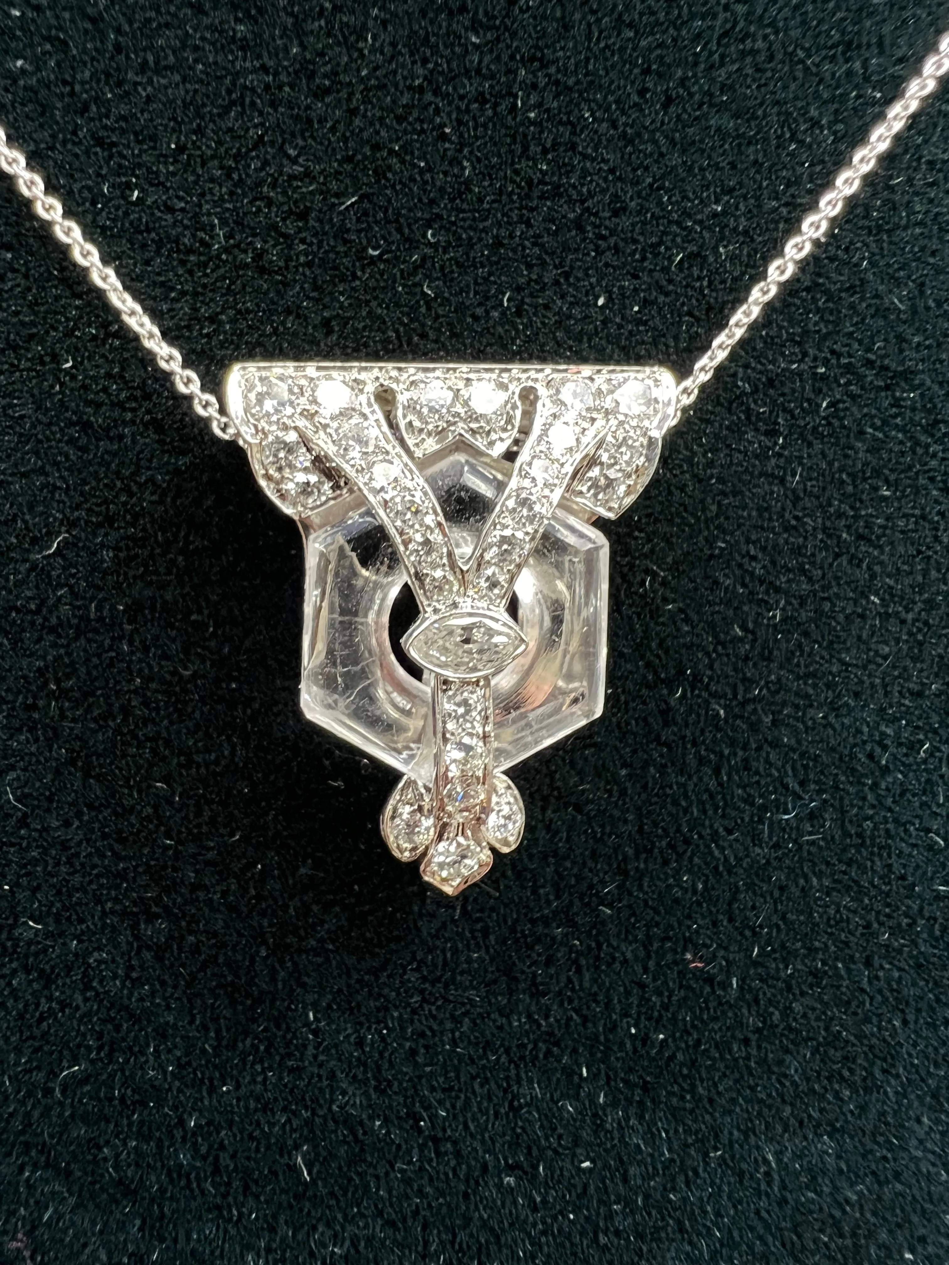 Art Deco Rock Crystal Diamond Platinum Clip Pendant Circa 1925