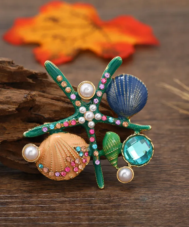 Beautiful Green Zircon Pearl Shell Starfish Brooches GH1076