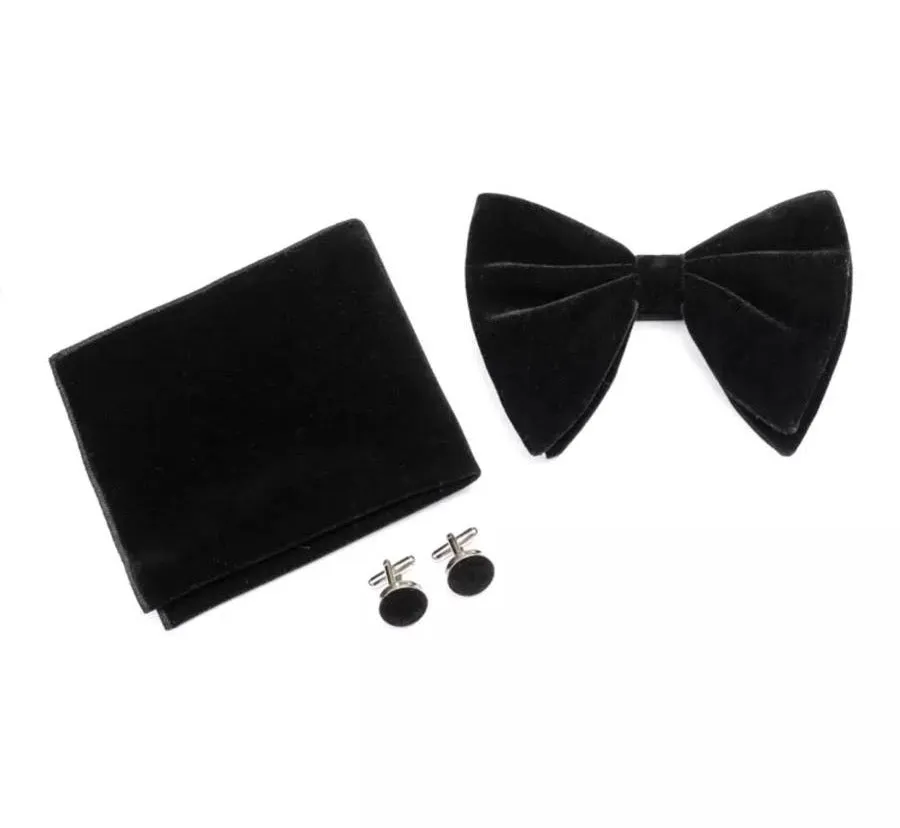 Bertie: Black Velvet Over Sized Pre-tied Dickie Bow Tie, Velvet Pocket Square and Matching Cufflinks Set