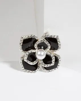 Black Crystal & Pearl Flower Brooch