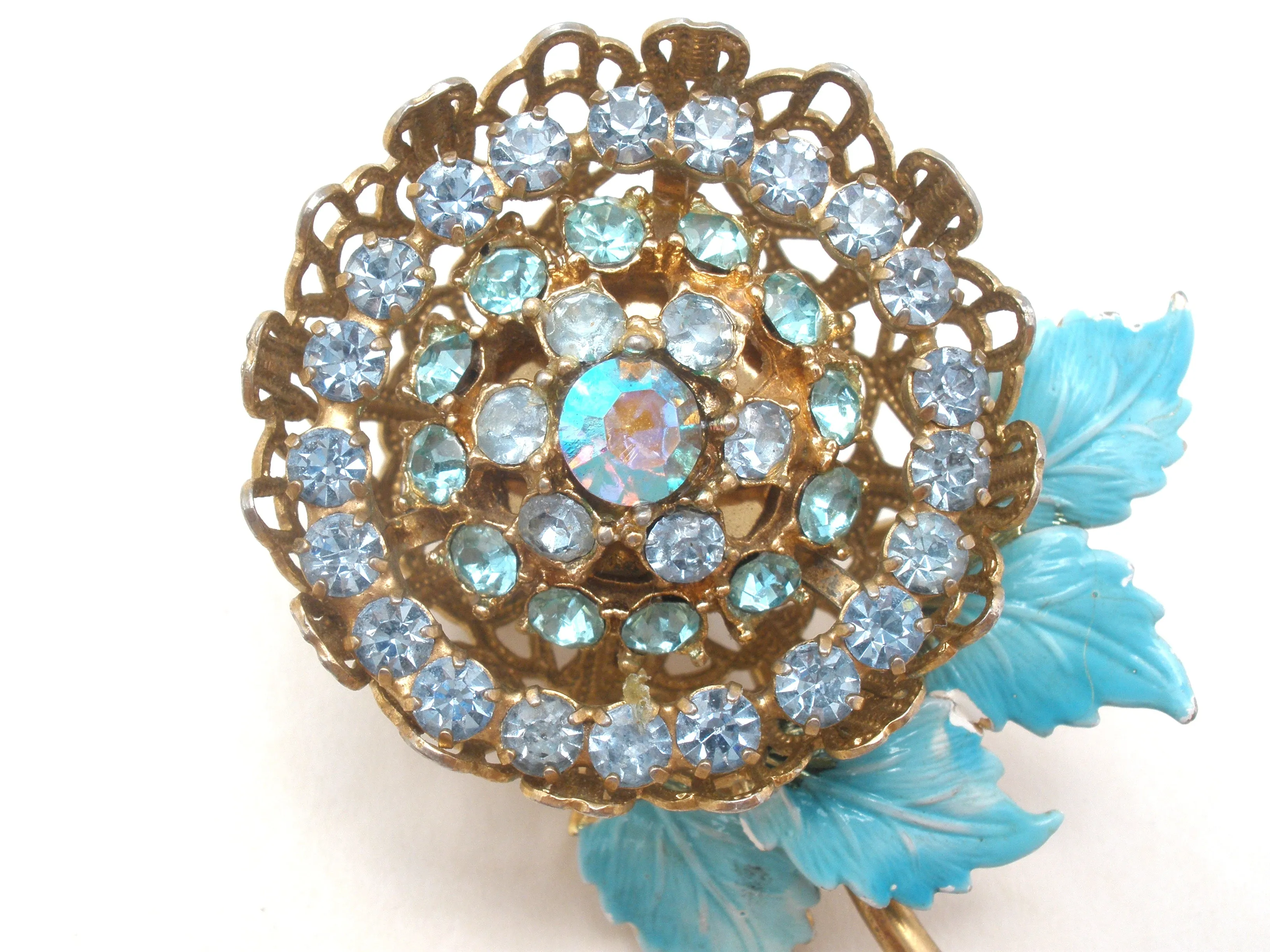 Blue Enamel & Rhinestone Flower Brooch Pin Vintage