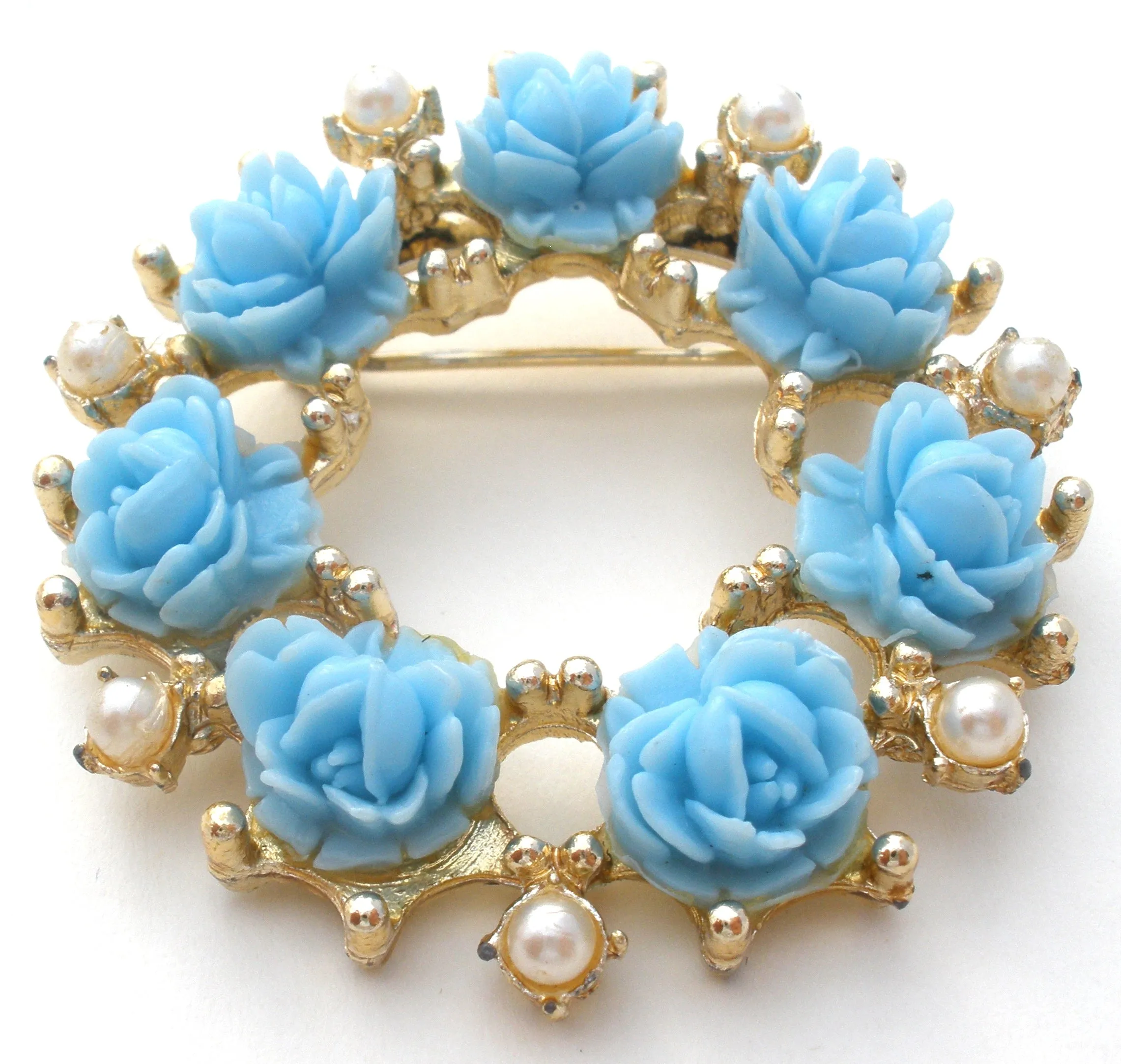 Blue Rose & Pearl Wreath Brooch Pin Vintage