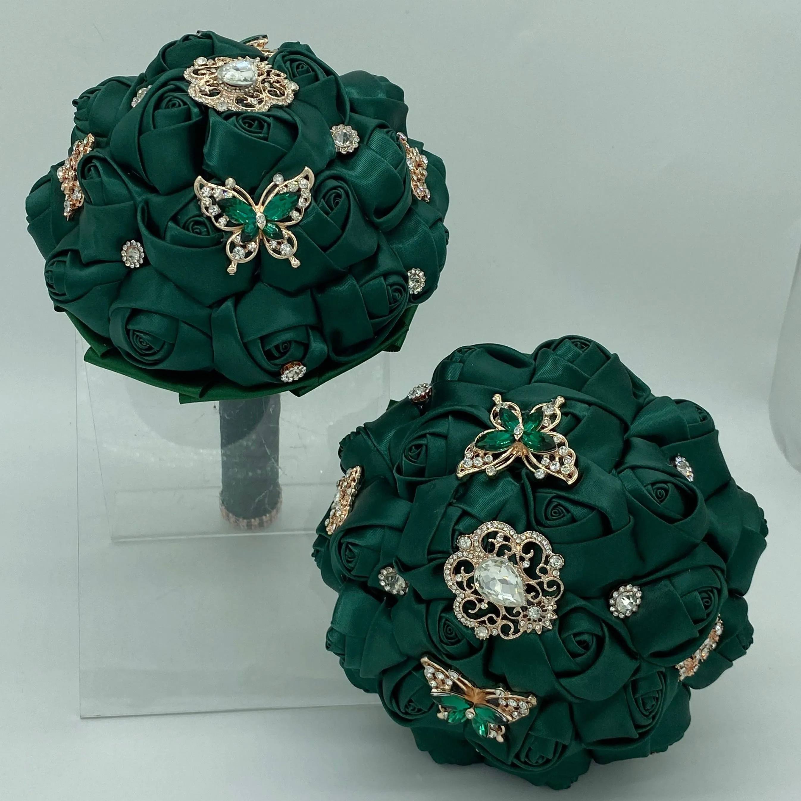 BM-015 ~ Emerald Green Satin Roses Budget Brooch Bouquet or DIY KIT