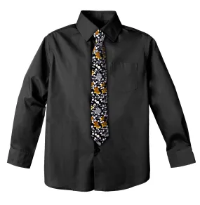 Boys' Black Cotton Blend Dress Shirt and Skinny Floral Cotton Necktie Set (Color F41)