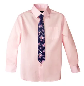 Boys' Light Pink Cotton Blend Dress Shirt and Skinny Floral Cotton Necktie (Color F38)