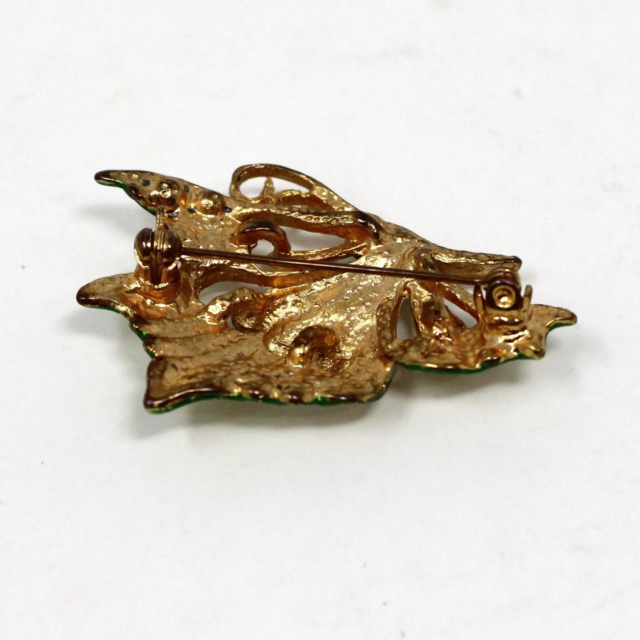 Brooch / Pin, Figural Butterfly, Green Enamel and Rhinestones, Gold Tone