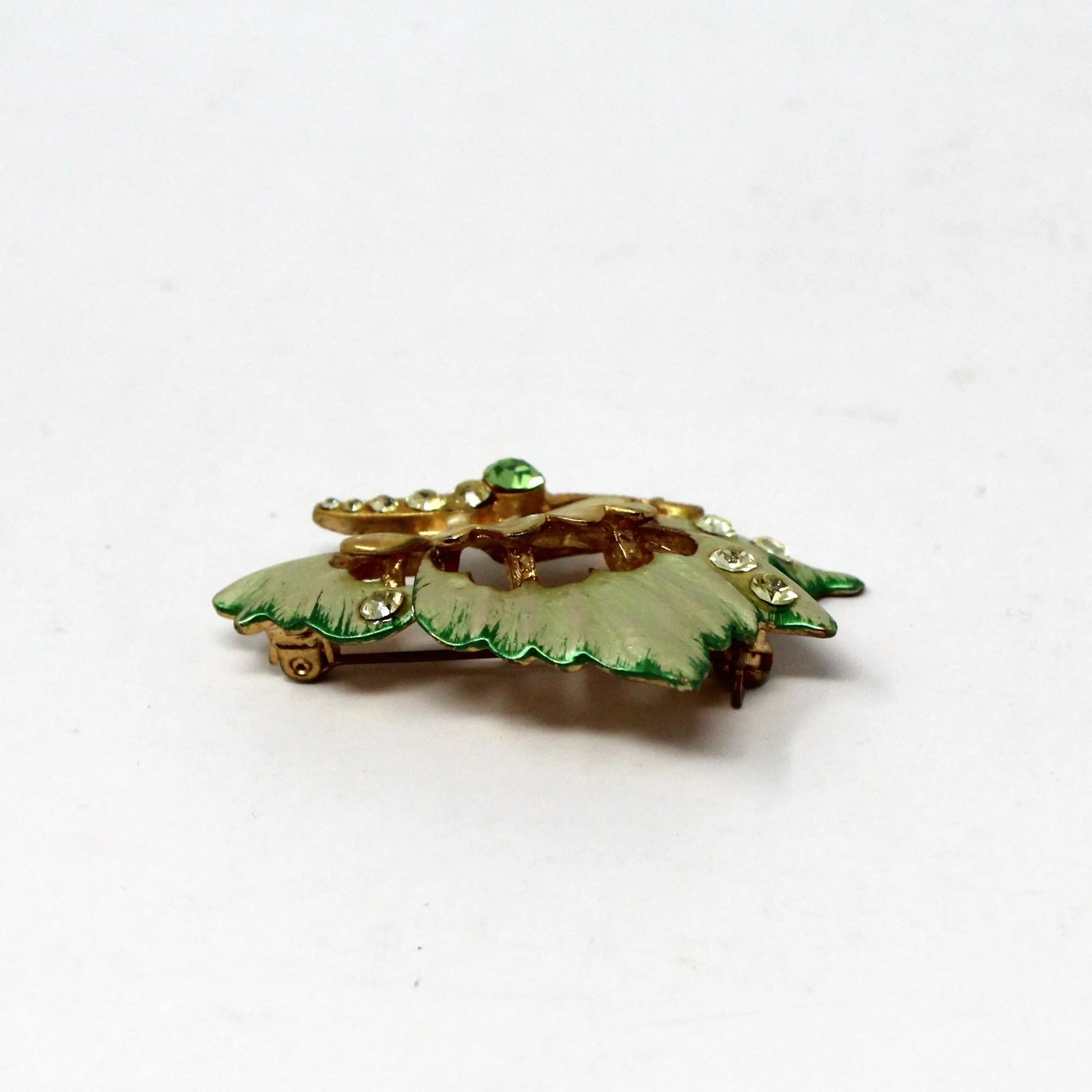 Brooch / Pin, Figural Butterfly, Green Enamel and Rhinestones, Gold Tone