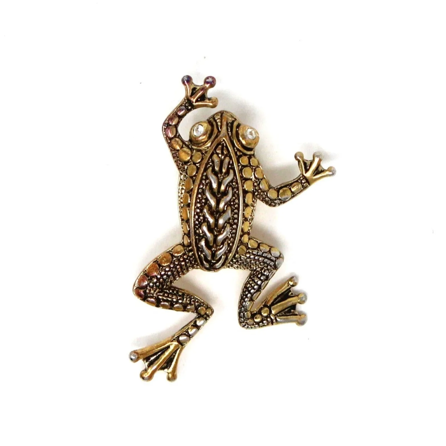 Brooch / Pin, Figural Frog, Gold & Silver Tone & Rhinestone Eyes, Intricate Pattern