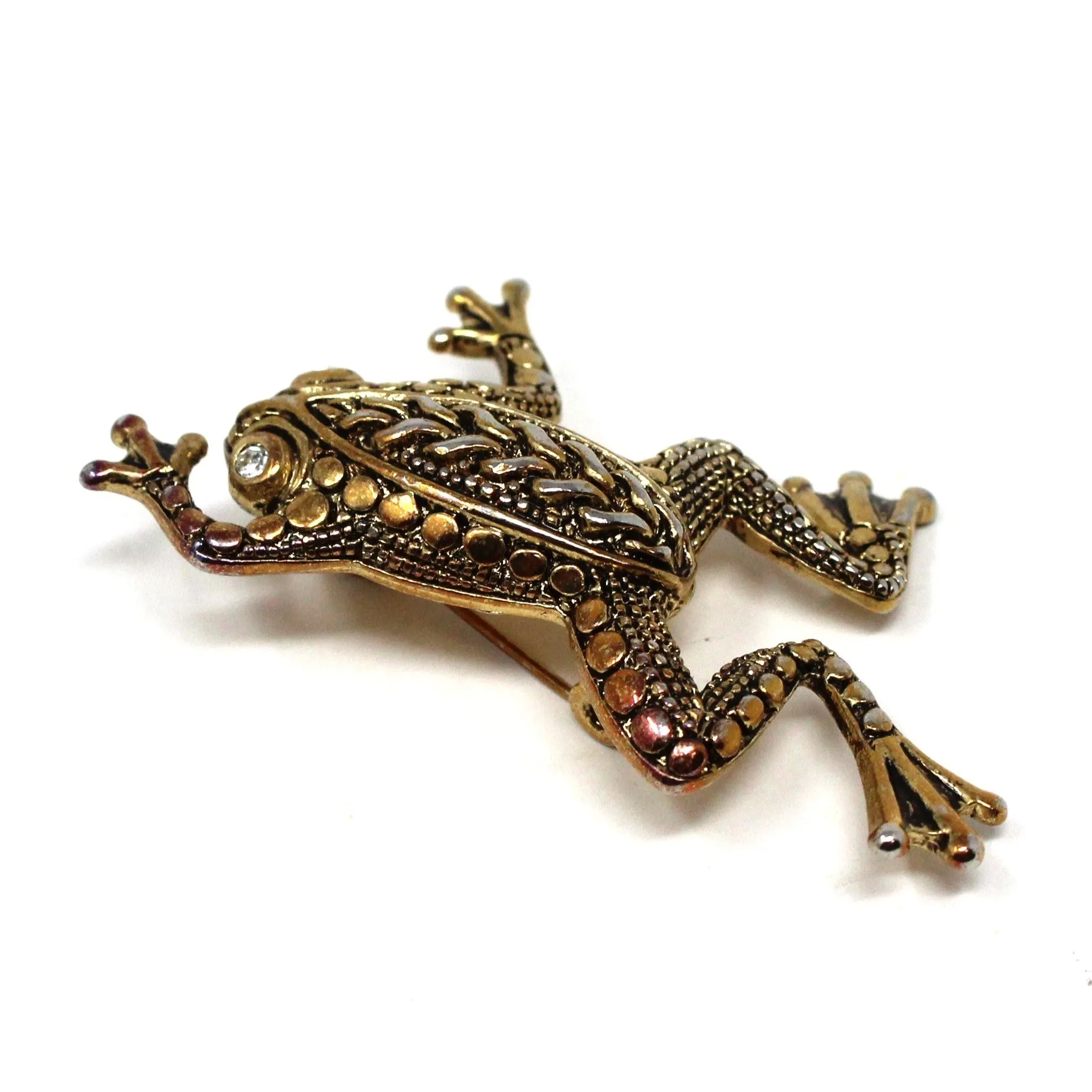 Brooch / Pin, Figural Frog, Gold & Silver Tone & Rhinestone Eyes, Intricate Pattern