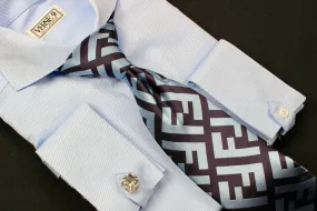 Brown Blue FF Men's Fashion Design Luxury Necktie and Hanky Set