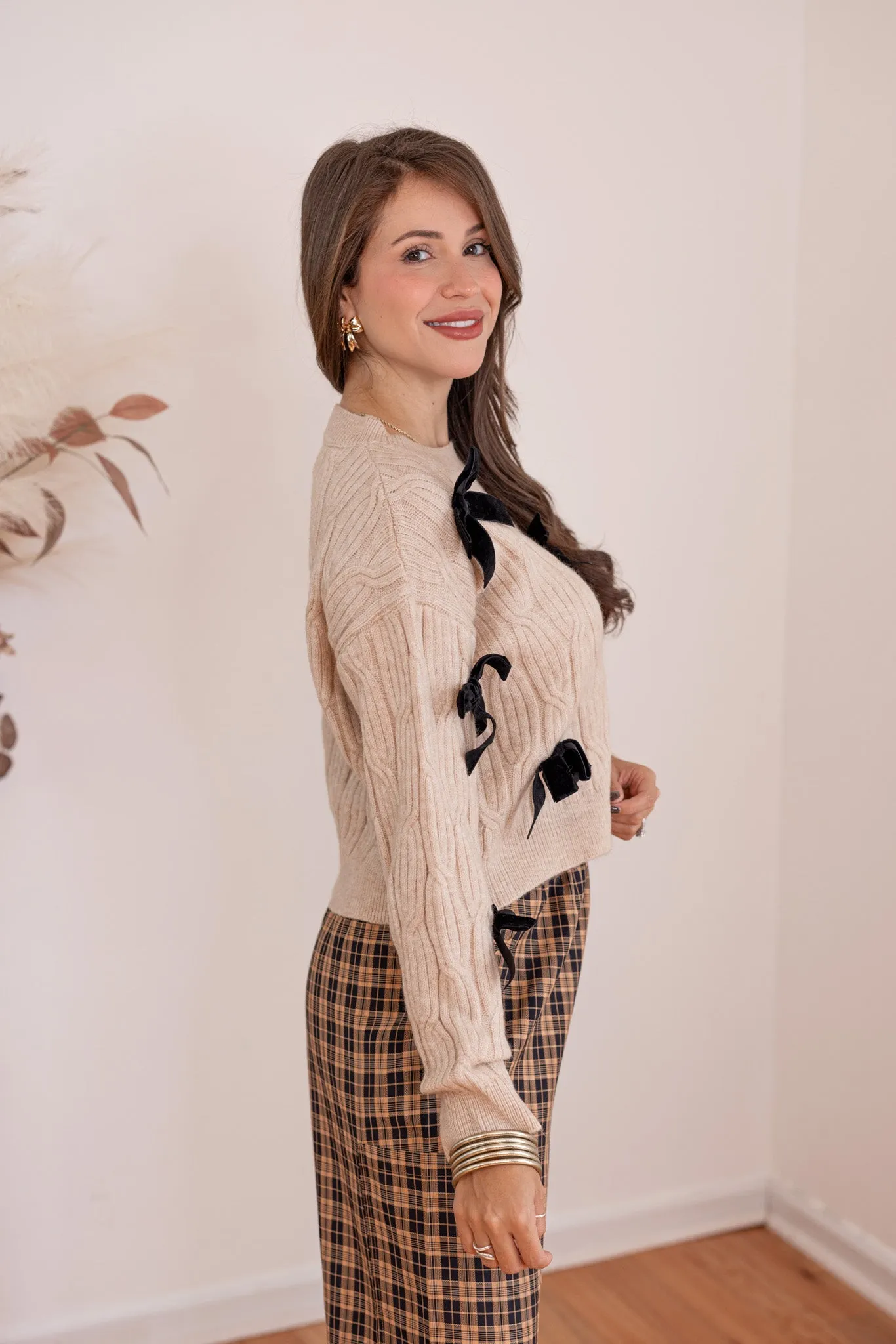 Cable Knit Bows Oatmeal Sweater