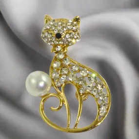 Cat with Pearl Crystal Diamante Cat Crystal Brooch / Scarf Pin