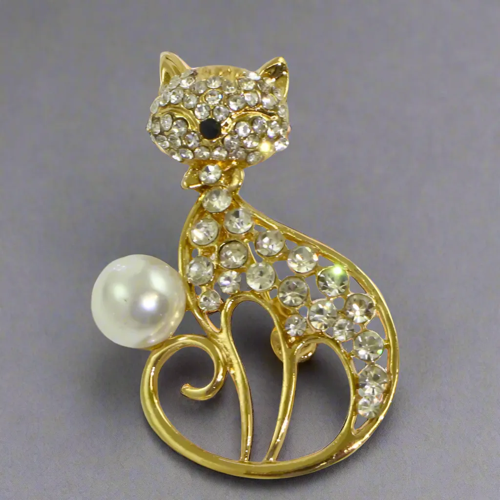 Cat with Pearl Crystal Diamante Cat Crystal Brooch / Scarf Pin