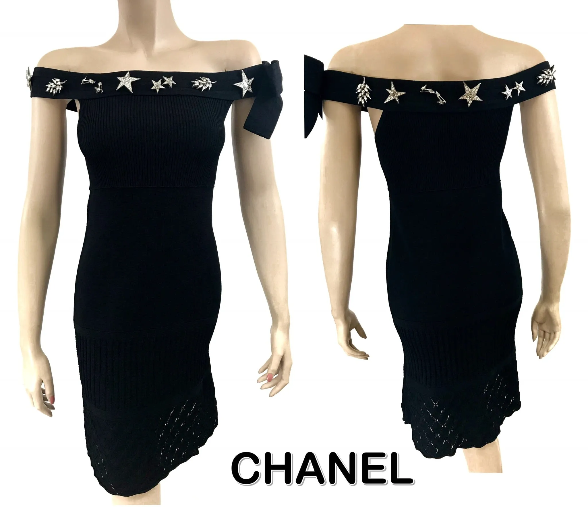 Chanel 08P Crystal Detachable Brooches Black Knit Dress