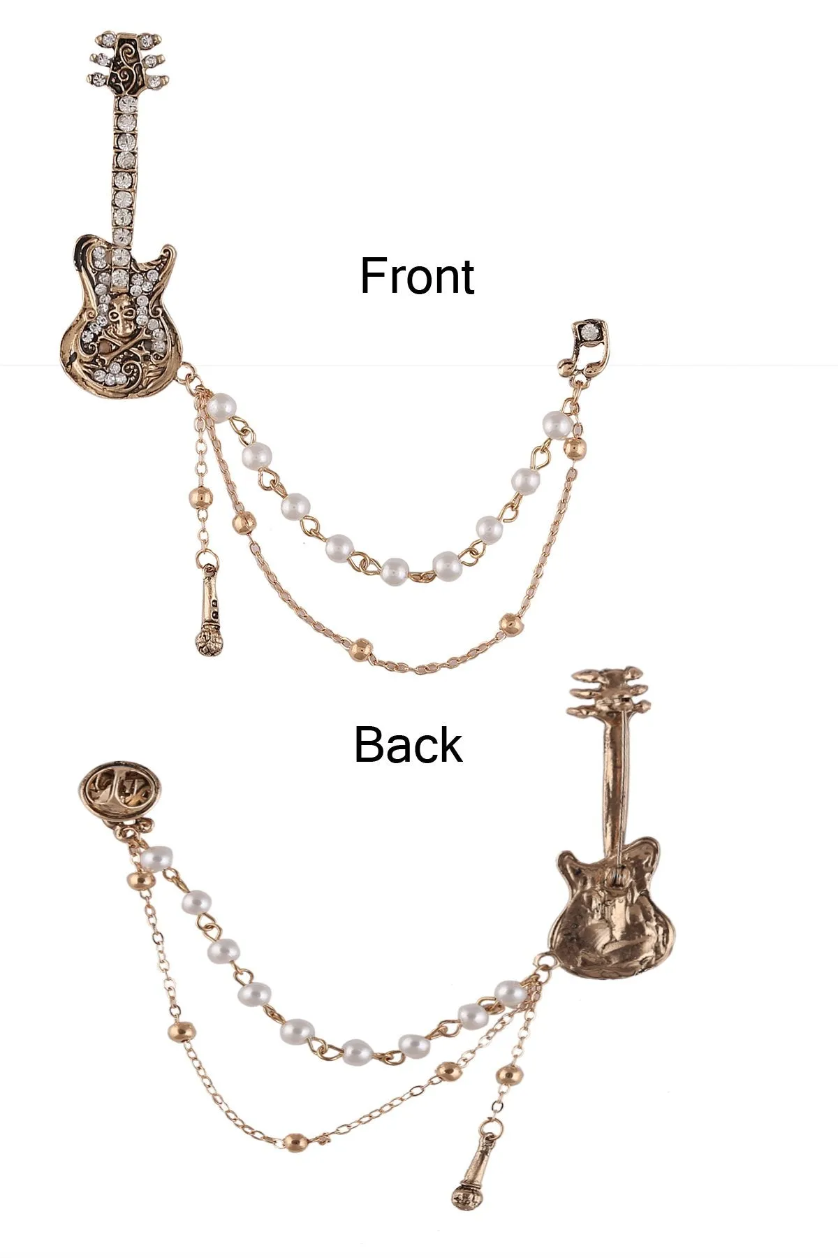 Classic Guitar Brooch with Pearl, Diamond & Chain for Music Lovers