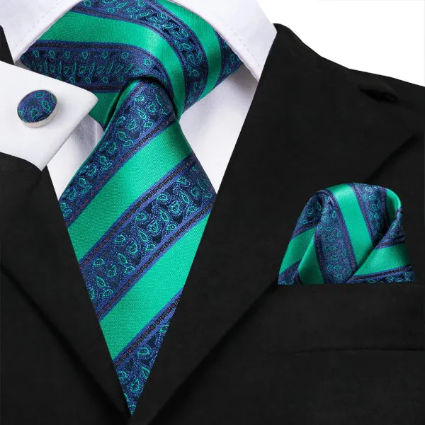 Classy Men Green & Blue Striped Paisley Silk Tie