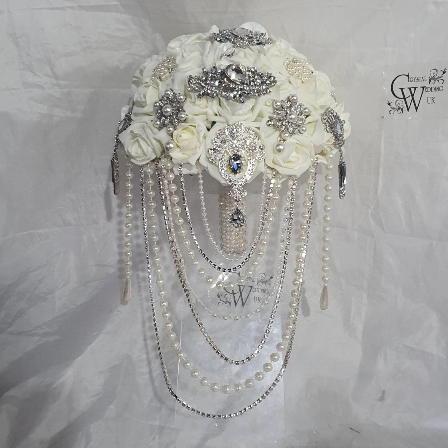 Crystal Brooch and Pearl drape bouquet by Crystal wedding uk