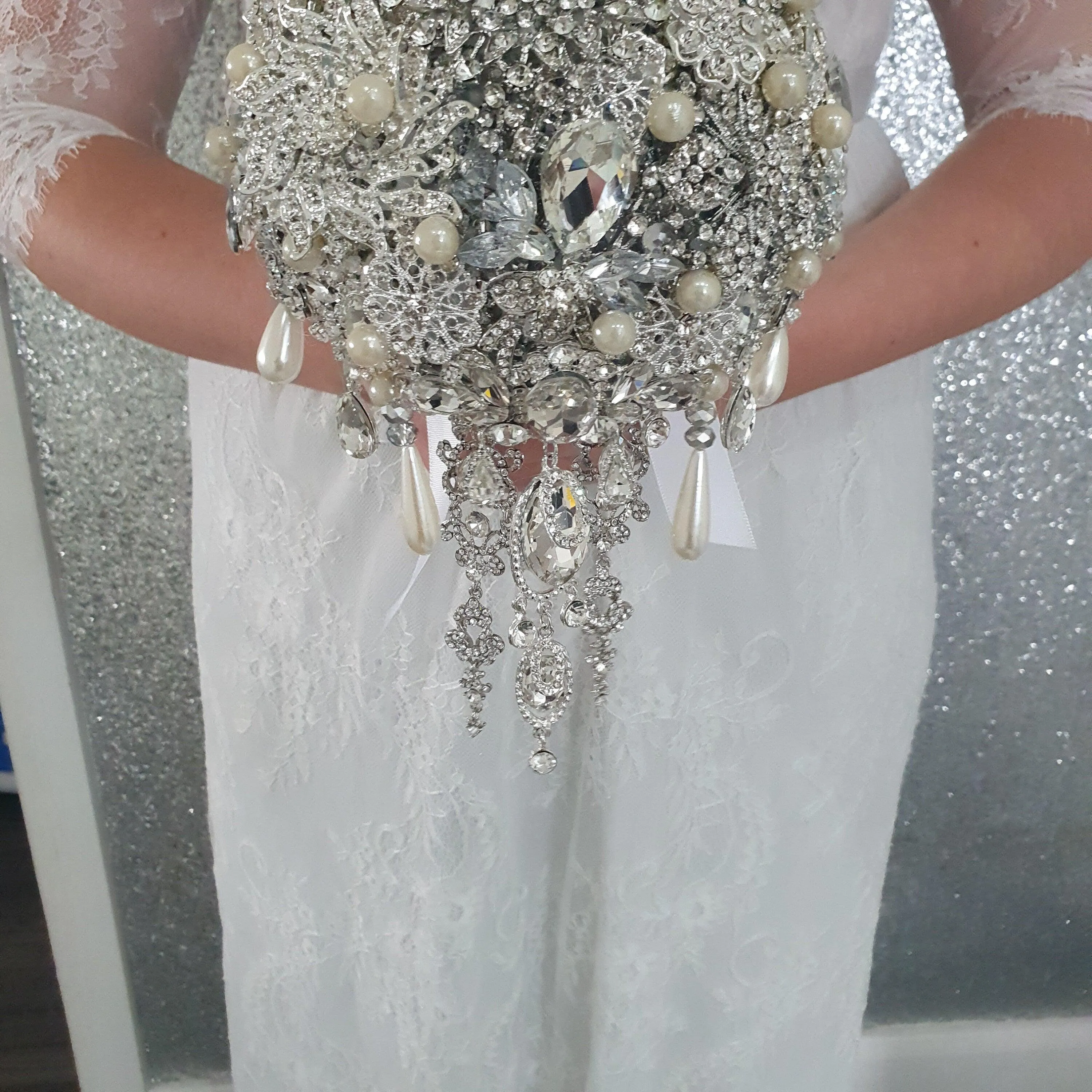 Crystal cascade brooch bouquet, jewel bouquet, alternative Great Gatsby style wedding flowers. by Crystal wedding uk