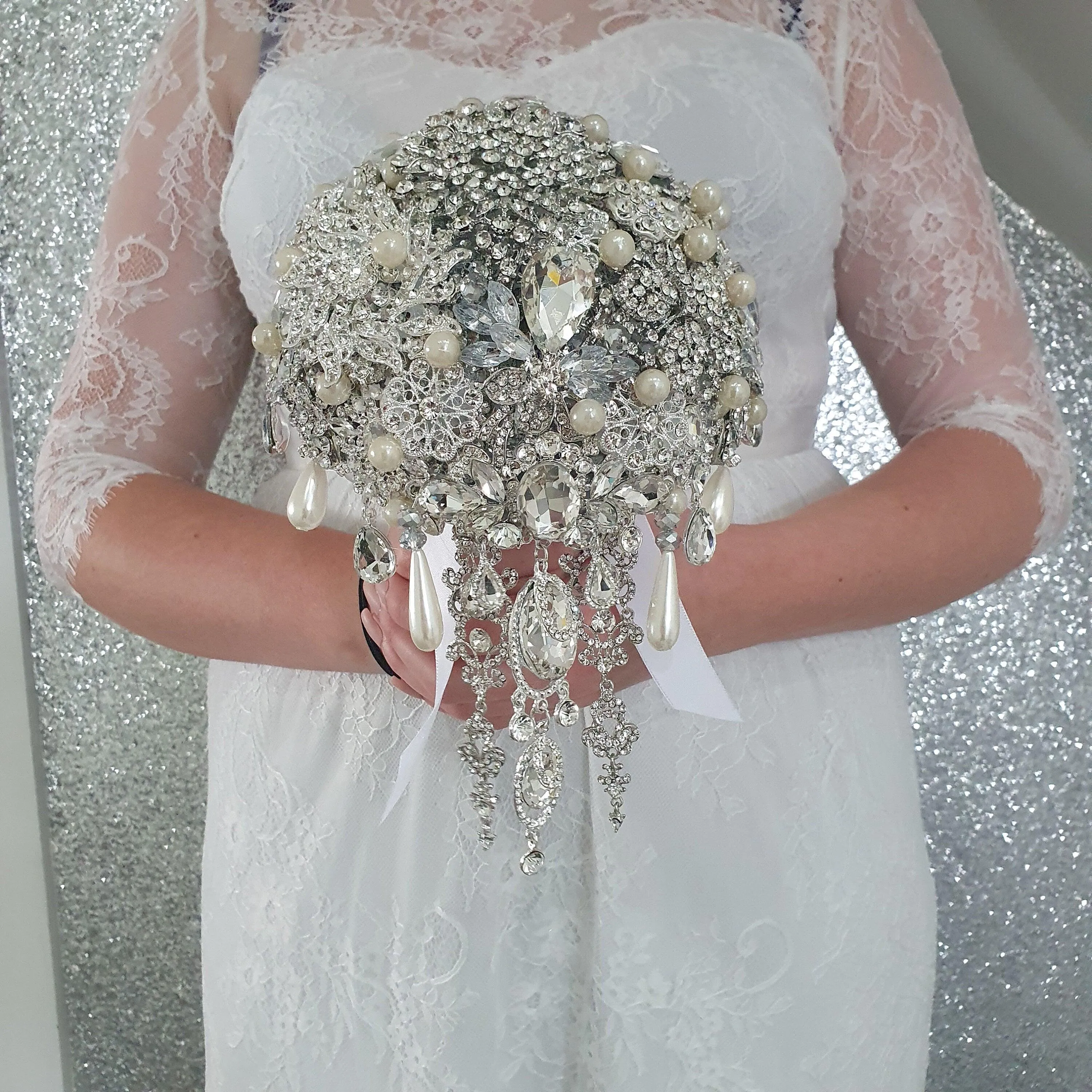 Crystal cascade brooch bouquet, jewel bouquet, alternative Great Gatsby style wedding flowers. by Crystal wedding uk