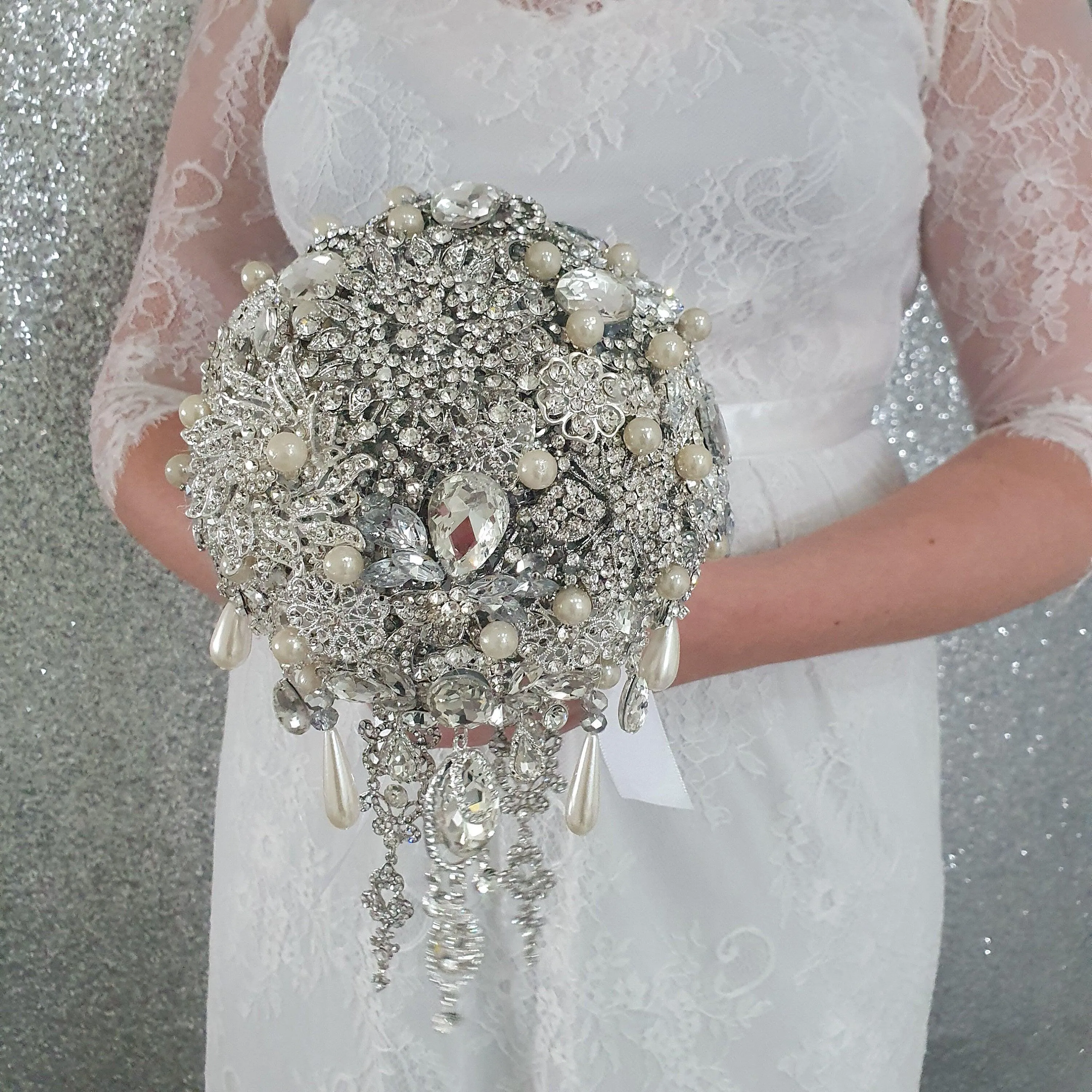 Crystal cascade brooch bouquet, jewel bouquet, alternative Great Gatsby style wedding flowers. by Crystal wedding uk