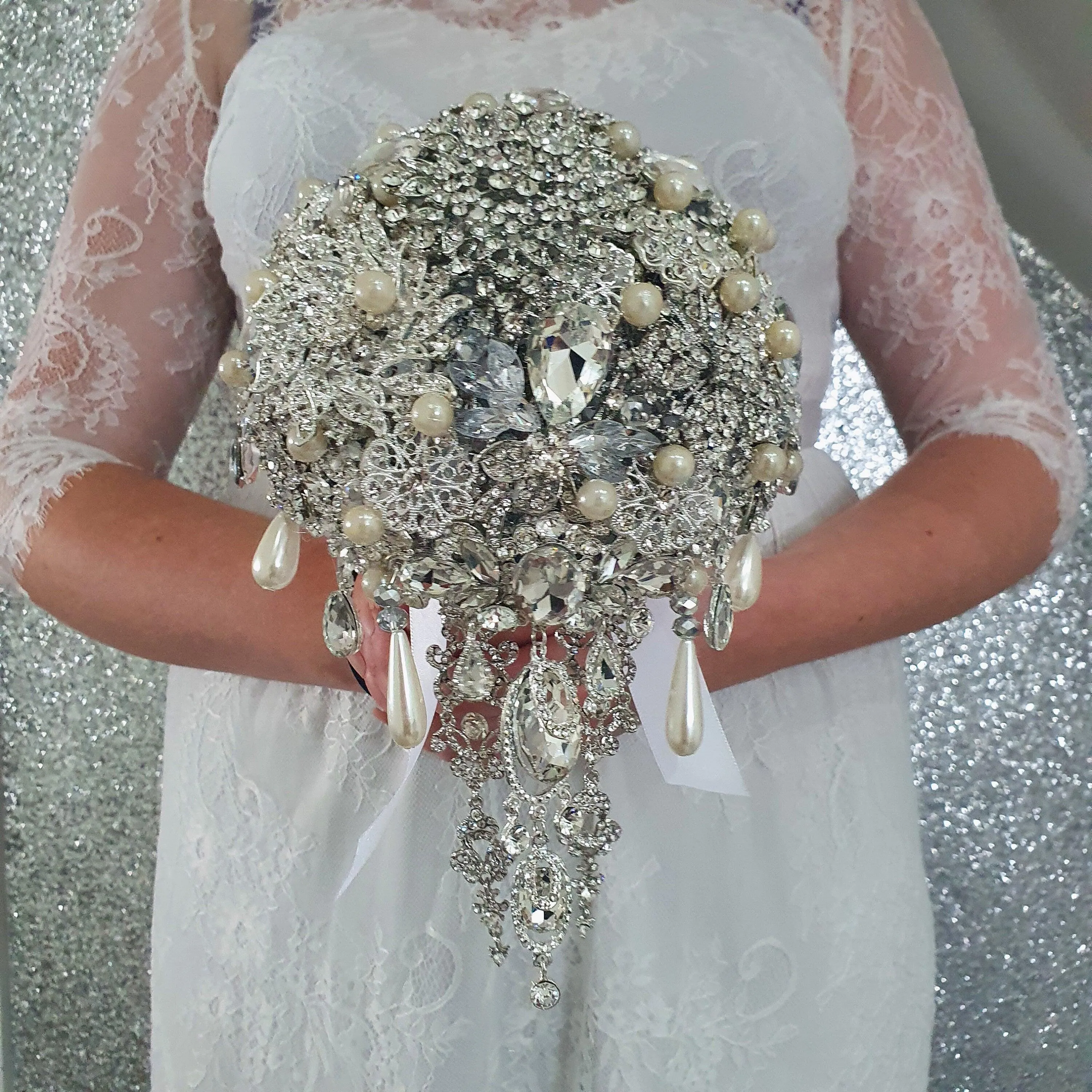 Crystal cascade brooch bouquet, jewel bouquet, alternative Great Gatsby style wedding flowers. by Crystal wedding uk