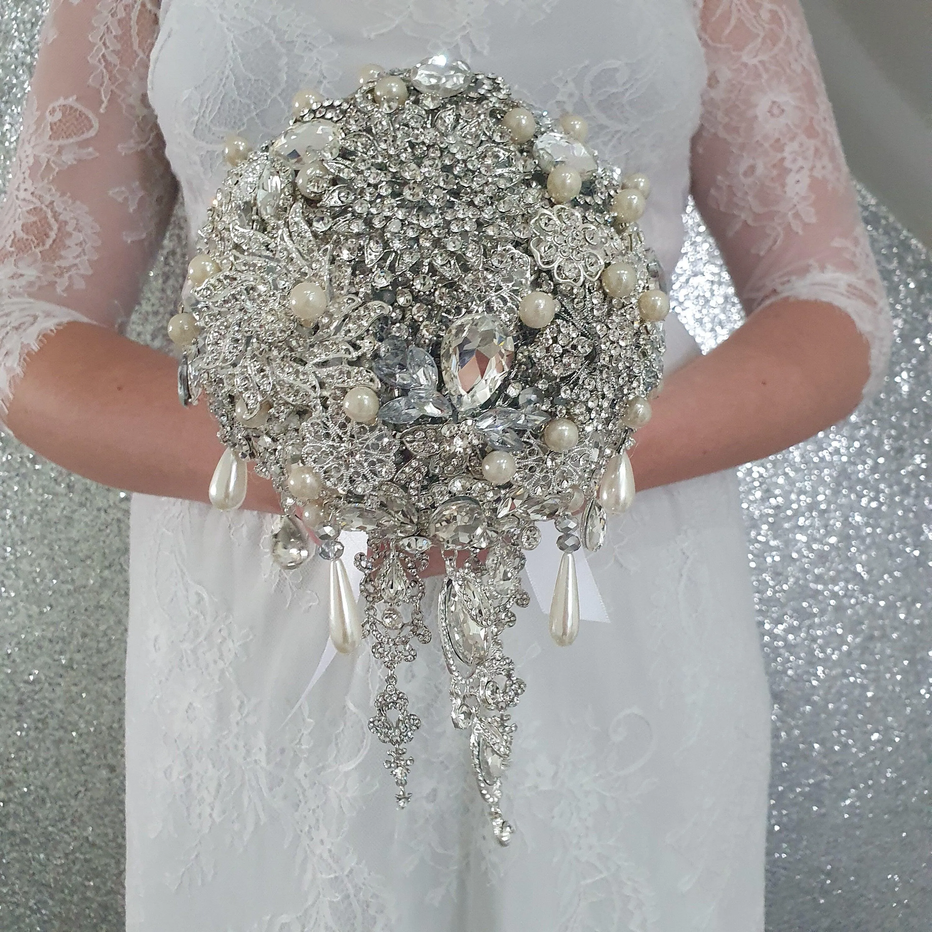 Crystal cascade brooch bouquet, jewel bouquet, alternative Great Gatsby style wedding flowers. by Crystal wedding uk