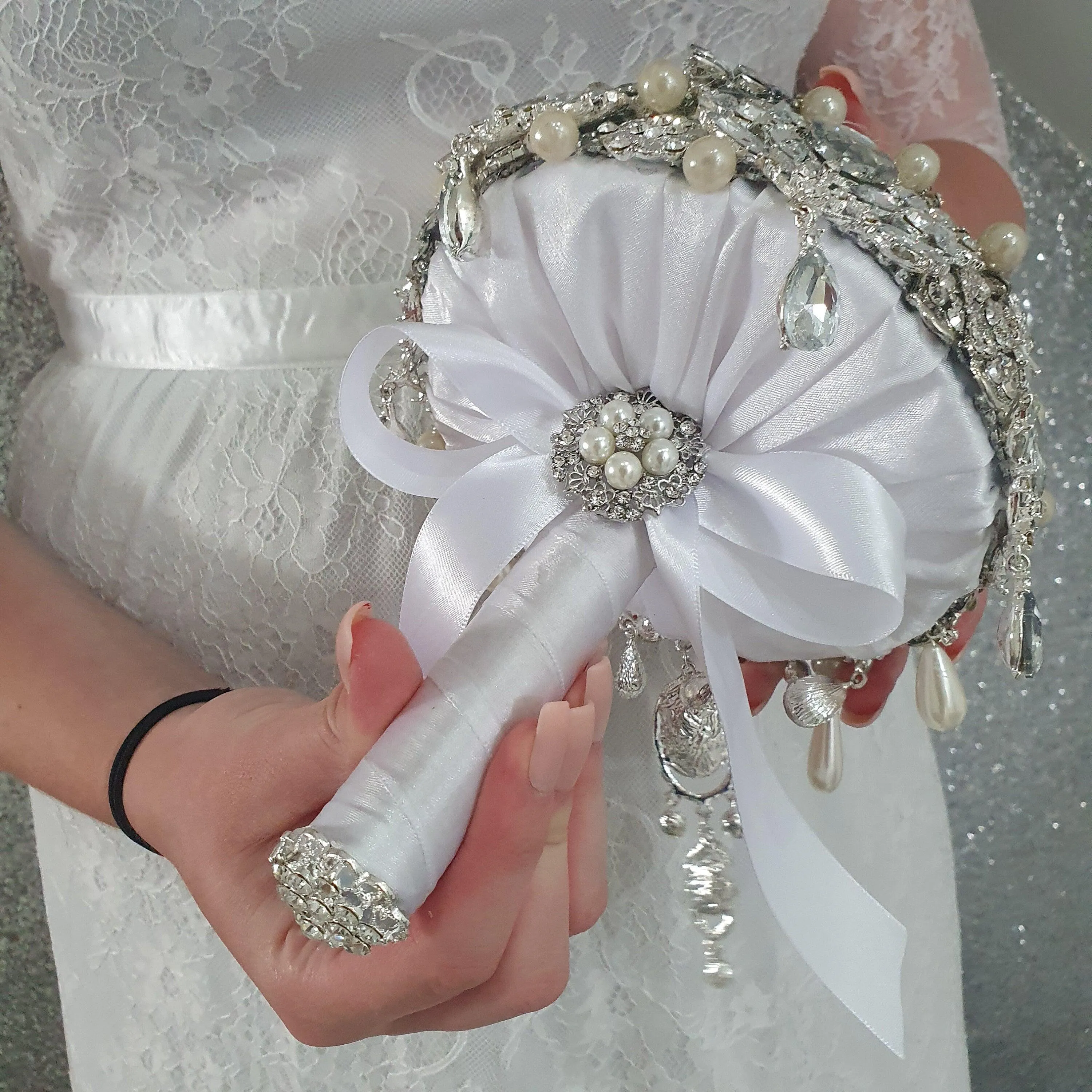 Crystal cascade brooch bouquet, jewel bouquet, alternative Great Gatsby style wedding flowers. by Crystal wedding uk