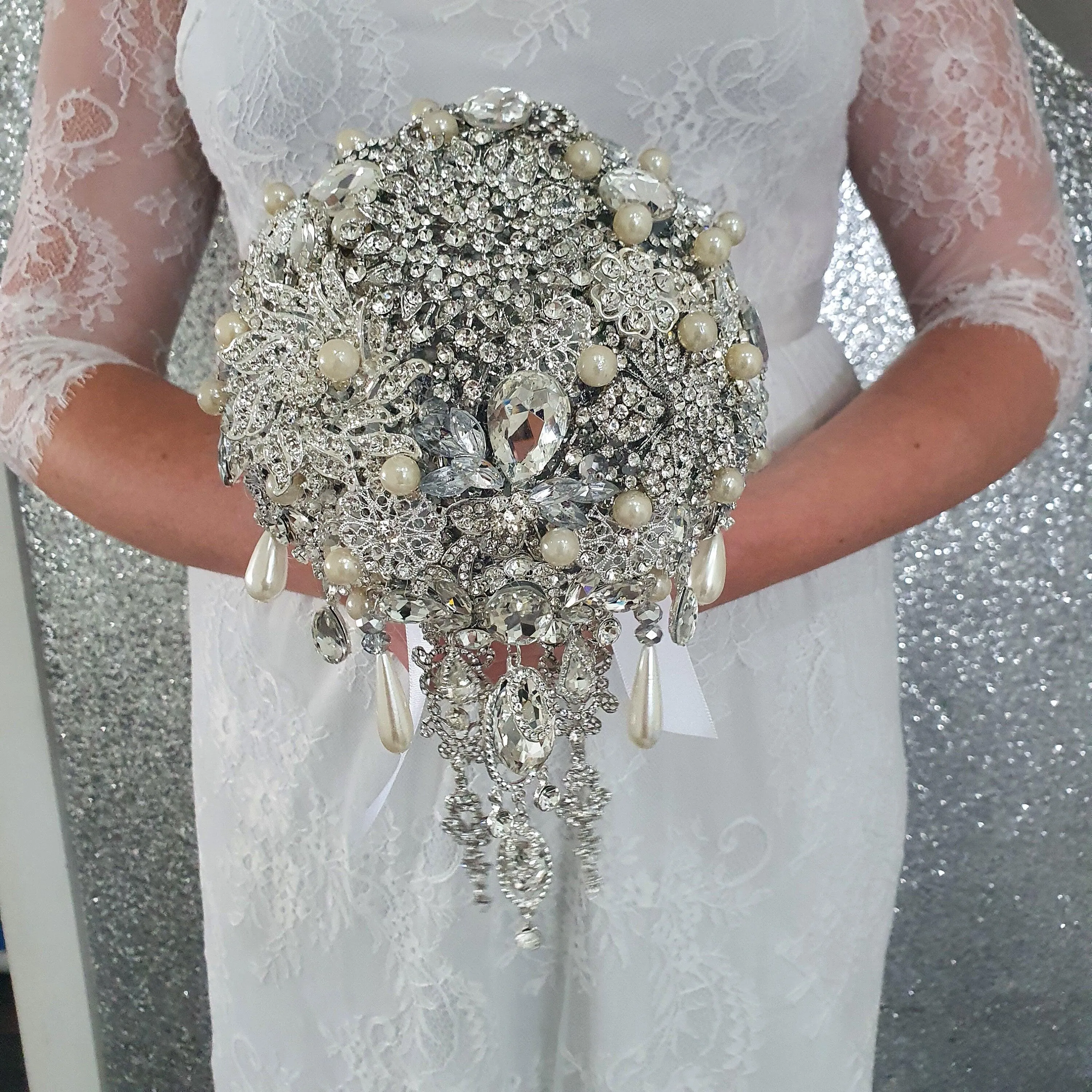 Crystal cascade brooch bouquet, jewel bouquet, alternative Great Gatsby style wedding flowers. by Crystal wedding uk