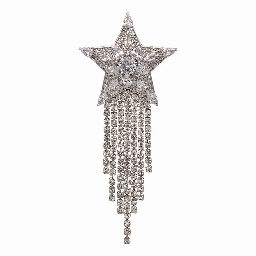 Crystal Star with Drop Tassels Brooch