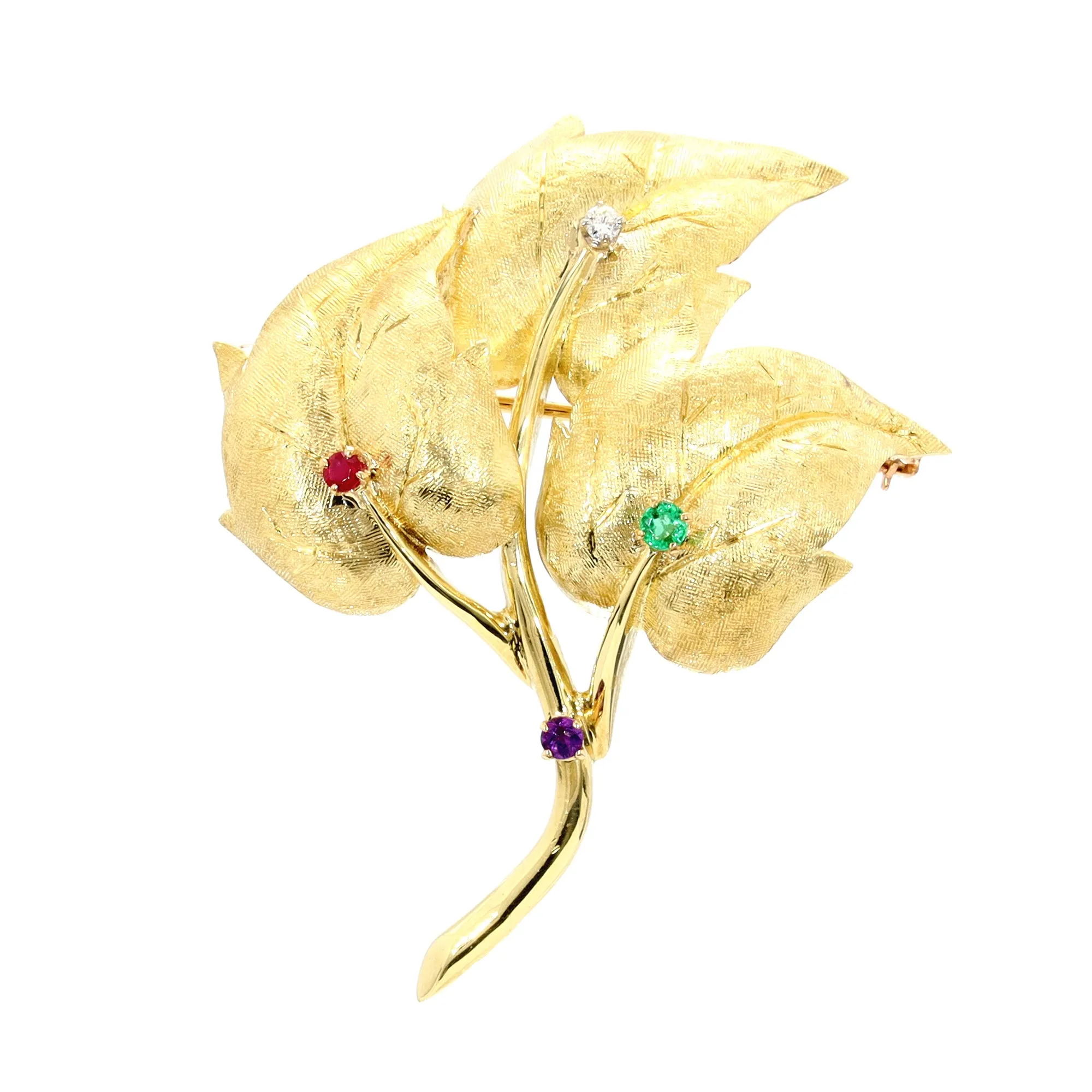 Diamond, Emerald, Amethyst, and Ruby Floral Pin