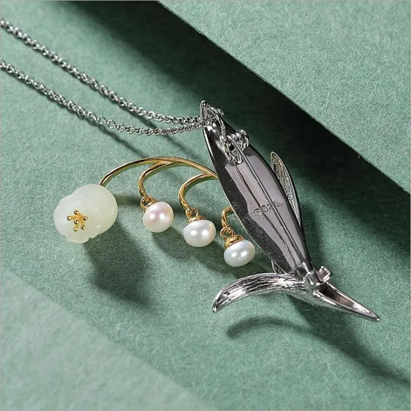 Dual-use Natural Jade Pearls Lily of the valley Brooch / Pendant