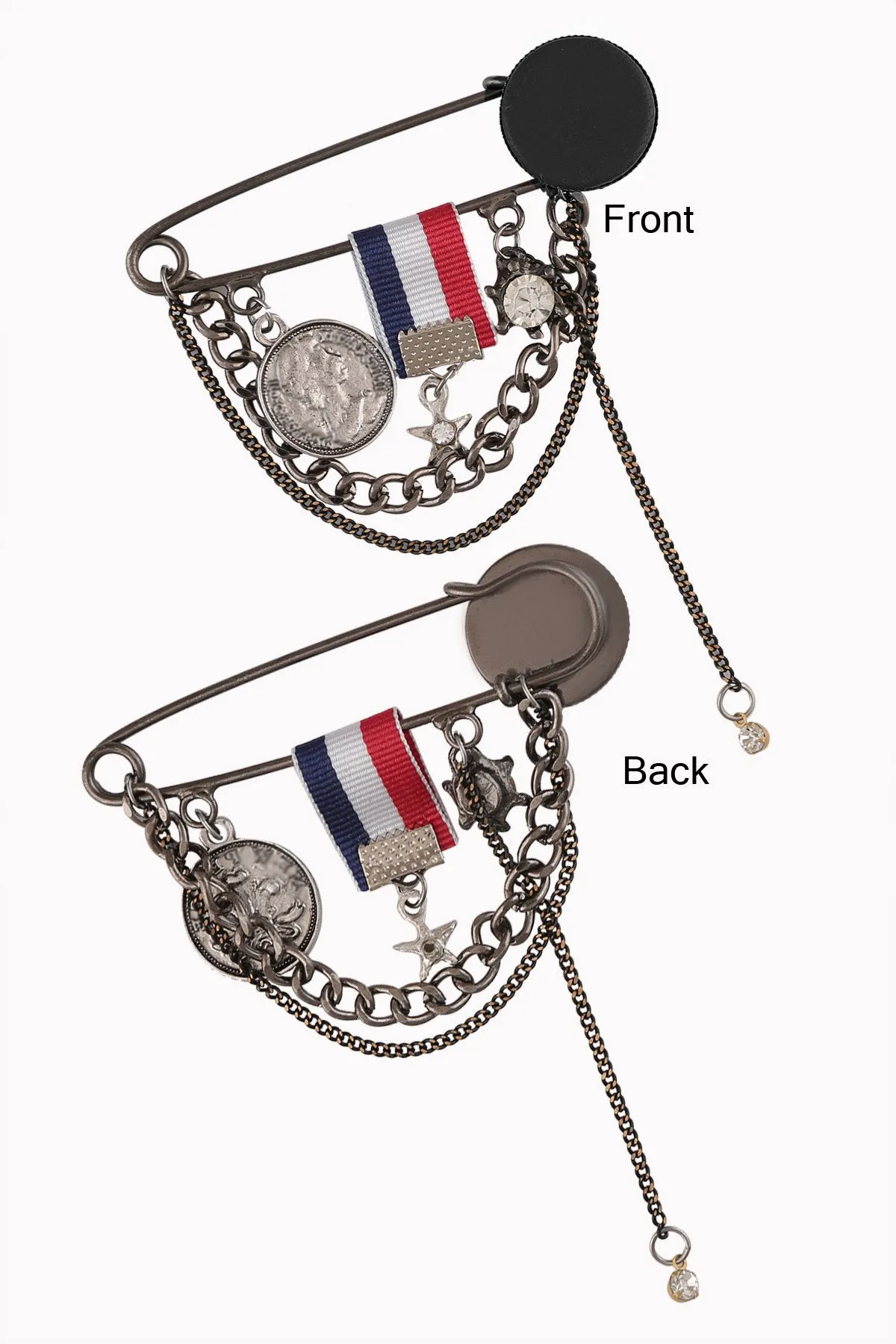 Elegant Flag and Coin Chain Hanging Black Nickel Safety Pin Brooch