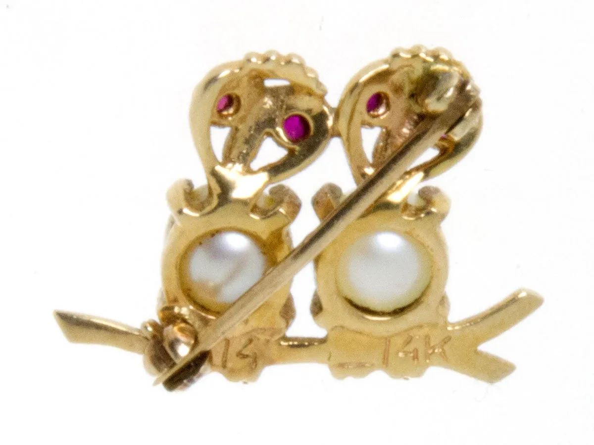 Estate Ruby & Pearl Lovebirds Pin