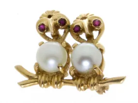 Estate Ruby & Pearl Lovebirds Pin