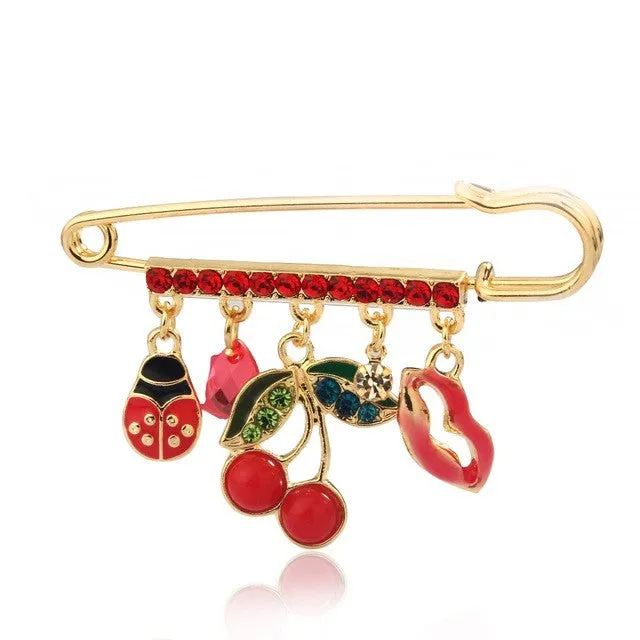 Fashion Rhinestone Crystal Pin Type bug Cherry Stones Lips Brooch Jewelry For Women Jewellery